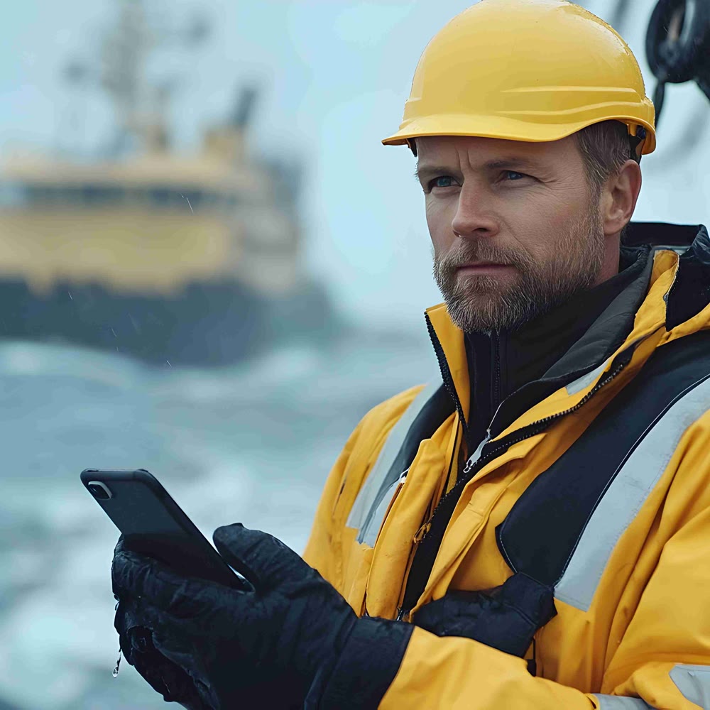 Seafarer staying in touch over a mobile phone